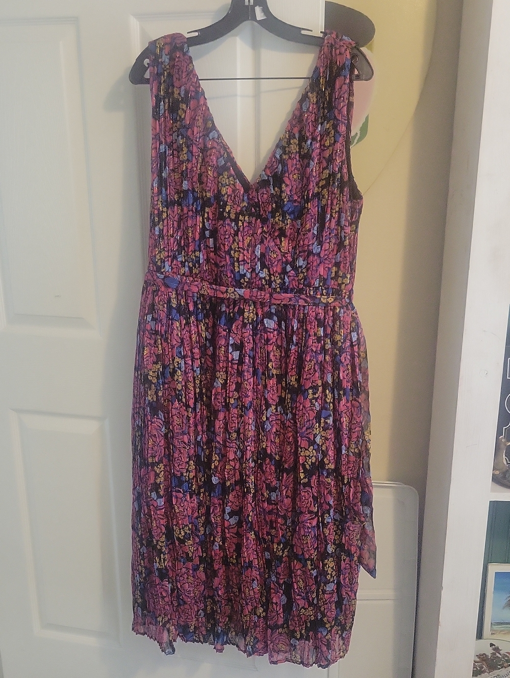 Modcloth Sz1X Pink, Blue Floral double V-Neck side zip Midi Dress side pockets
